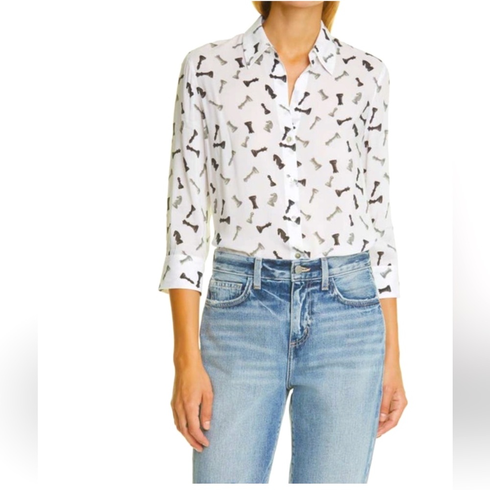 L'agence Women's White 3/4 Sleeve Camille Chess Button-Up Top Blouse Size XS